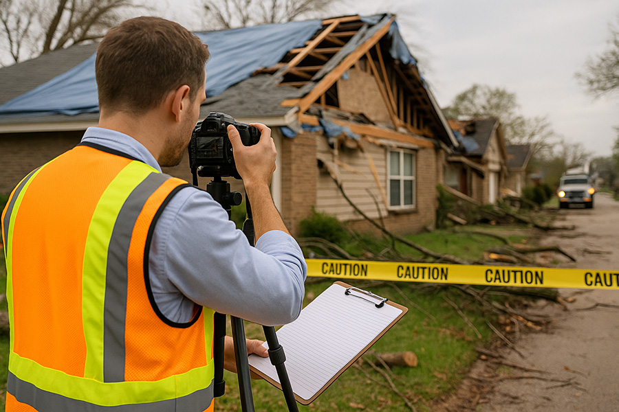 Storm Photographer documenting damage to a home